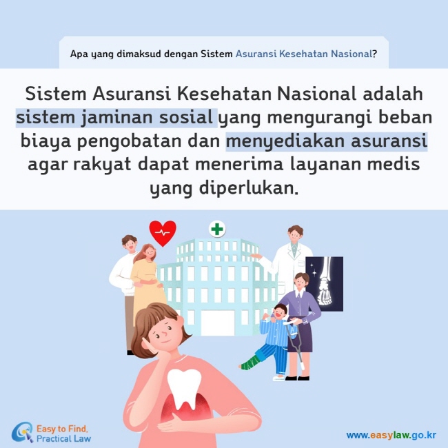 Apa yang dimaksud dengan Sistem Asuransi Kesehatan Nasional? Sistem Asuransi Kesehatan Nasional adalah sistem jaminan sosial yang mengurangi beban biaya pengobatan dan menyediakan asuransi agar rakyat dapat menerima layanan medis yang diperlukan.